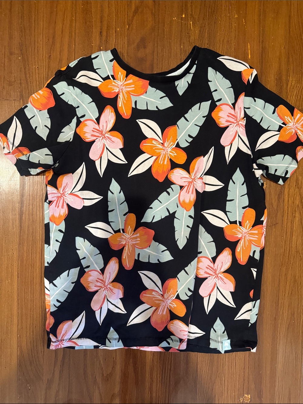 Free Planet Black Short Sleeve Tee with Orange & Pink Floral Print